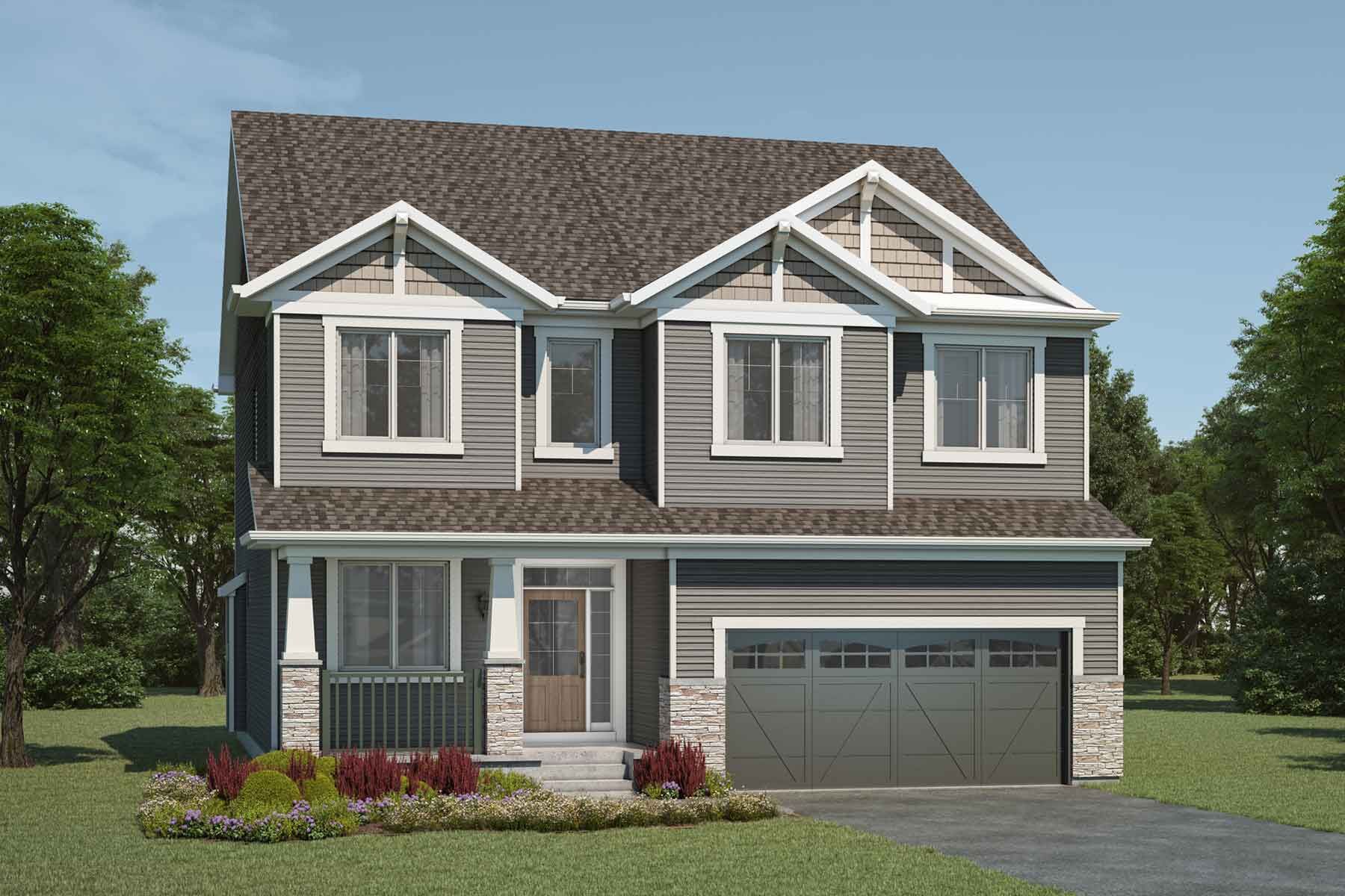 A Craftsman style detached home with a double car garage.