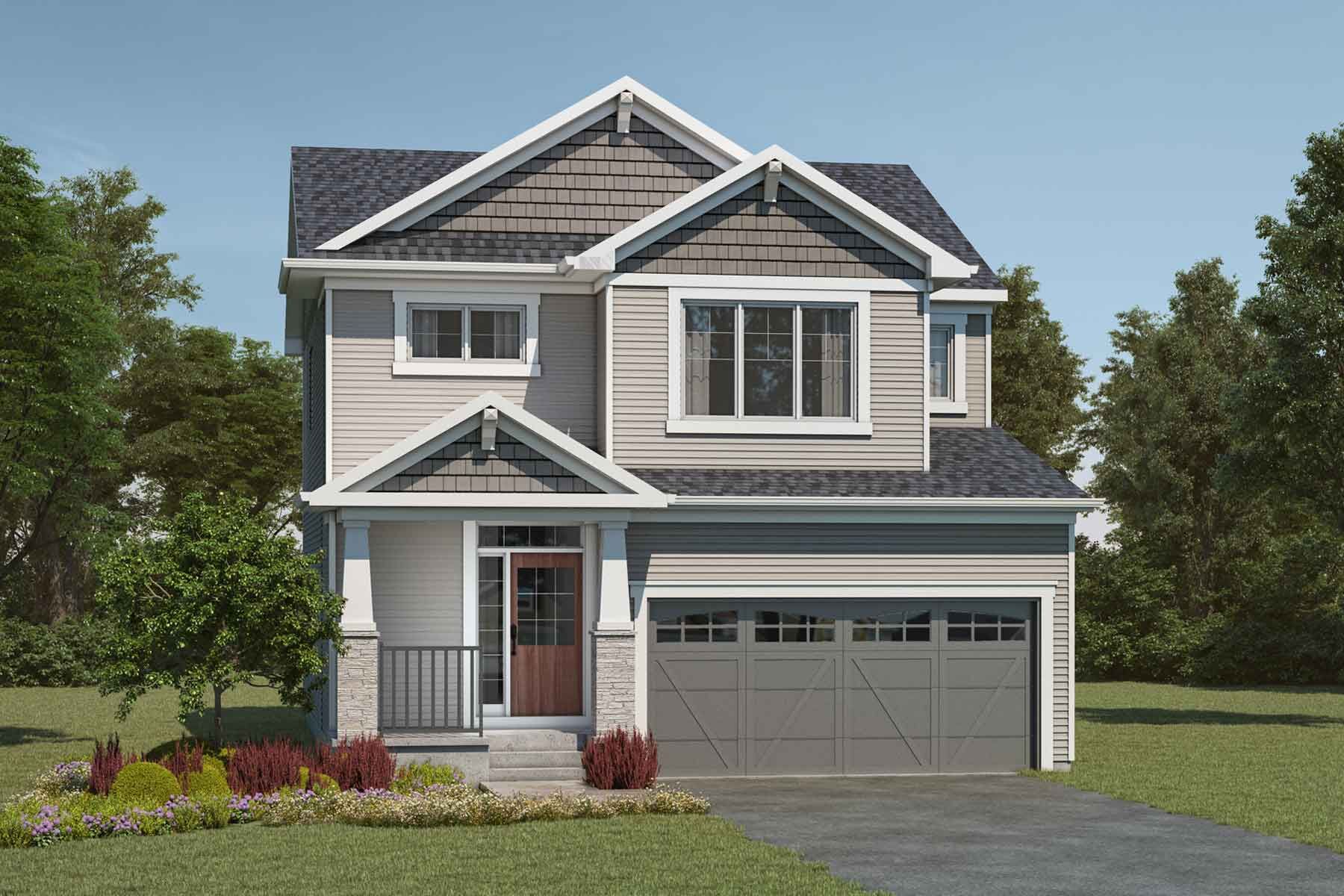 A single family Craftsman style home with a double car garage.