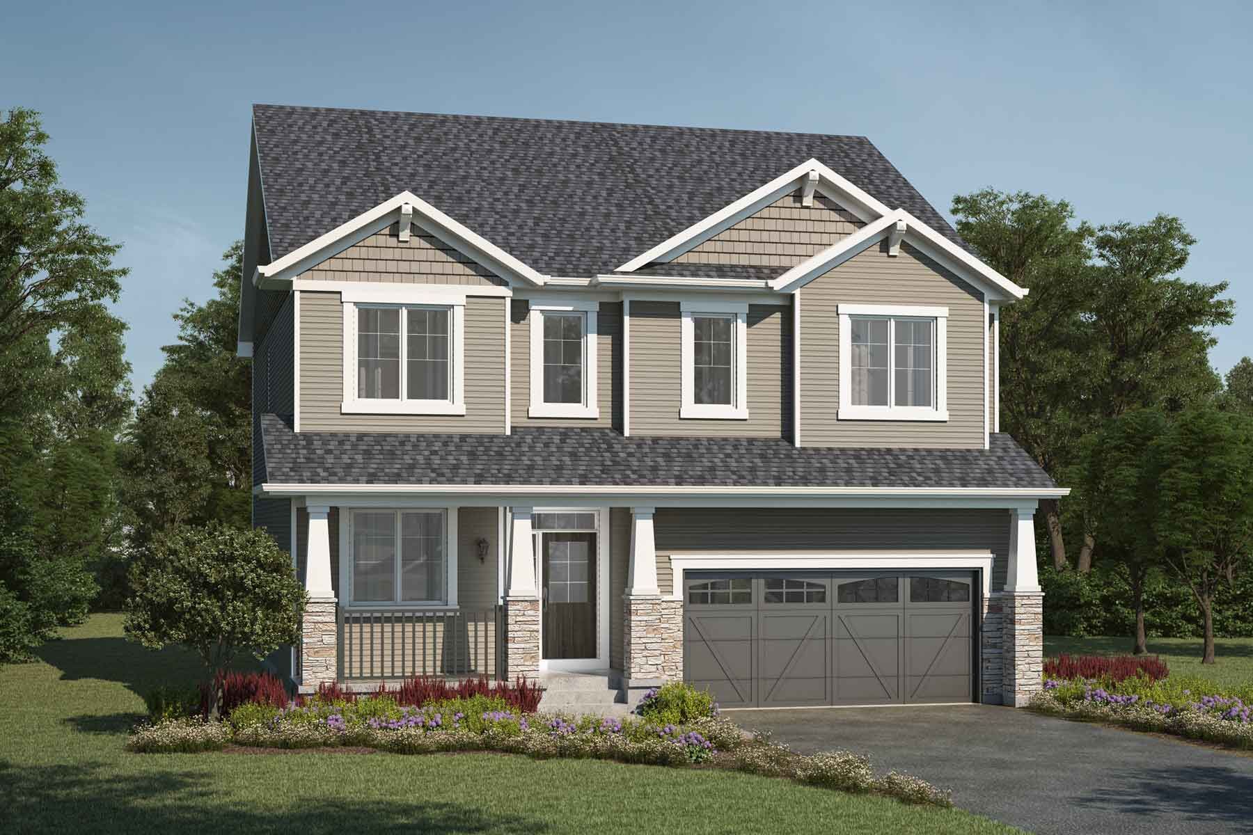 A Craftsman style detached home with a double car garage.