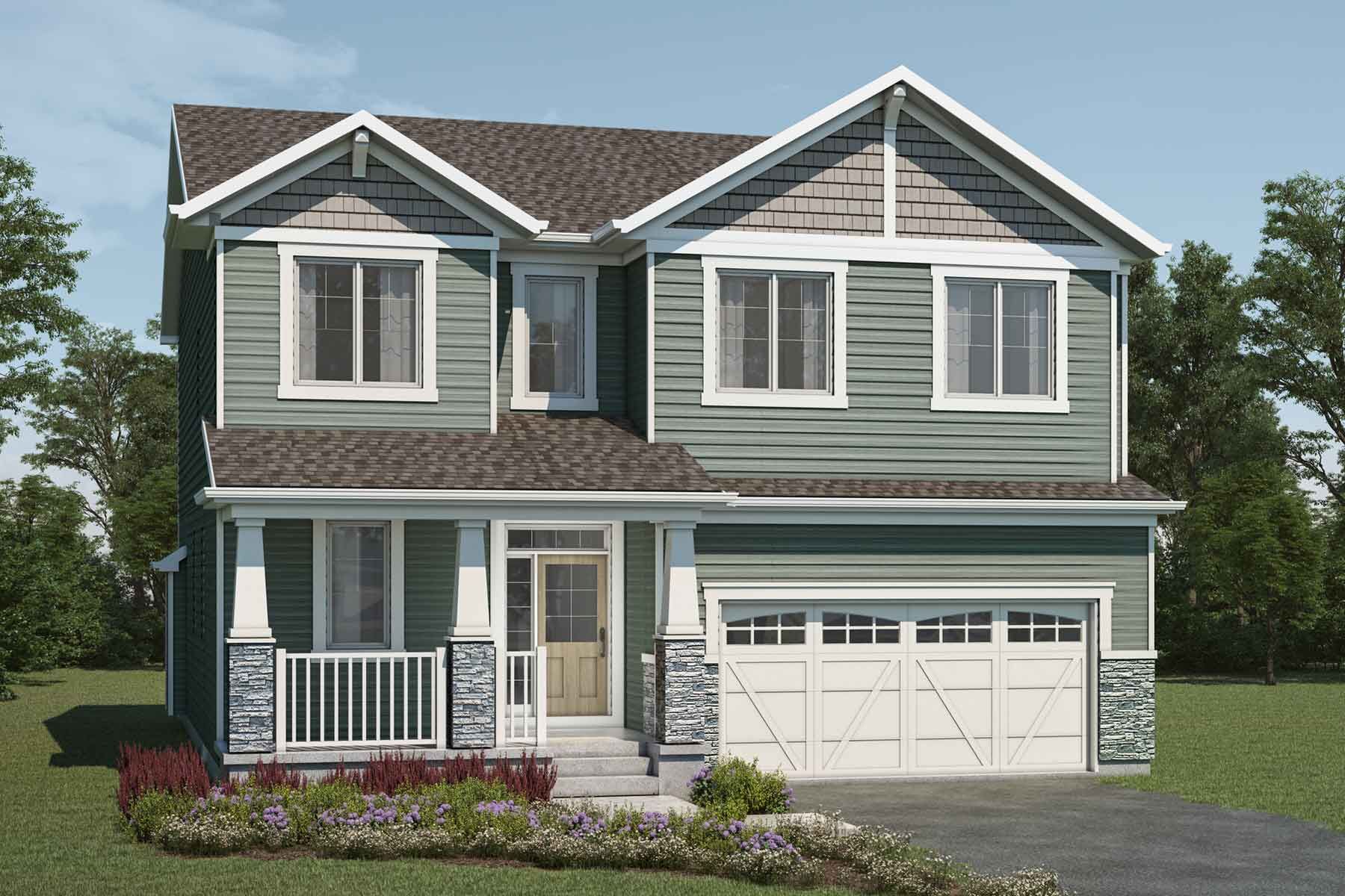 A detached Craftsman style home with a double car garage.