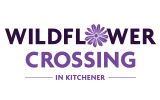 Wildflower Crossing logo: Text Wildflower Crossing in Kitchener using black and purple, with a purple flower replacing the first O.