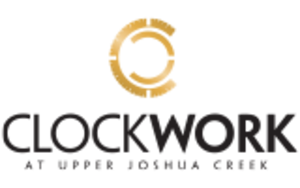 Clockwork logo; Clockwork Phase 2 at Upper Joshua Creek with mechanical gold circle above text 