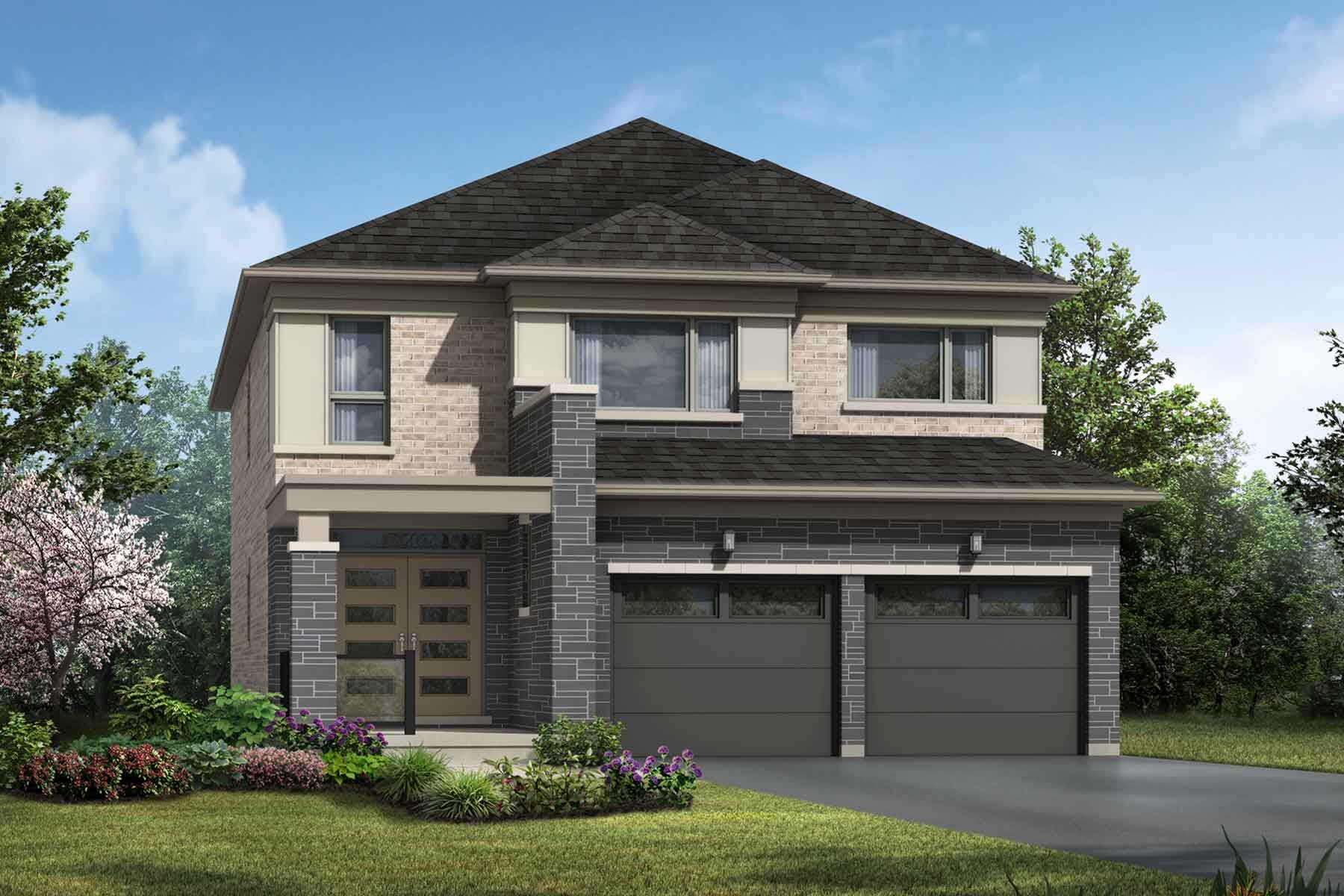 A Modern style single family home with a double car garage.