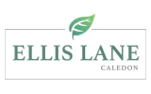 Ellis Lane logo: Text Ellis Lane Caledon inside a rectangle with a green leaf top centre.