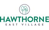 Hawthorne East Village logo: Text under three small trees in a circle.