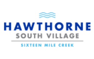 Hawthorne South Village Sixteen Mile Creek Logo: Text under minimal drawing of blue waves.