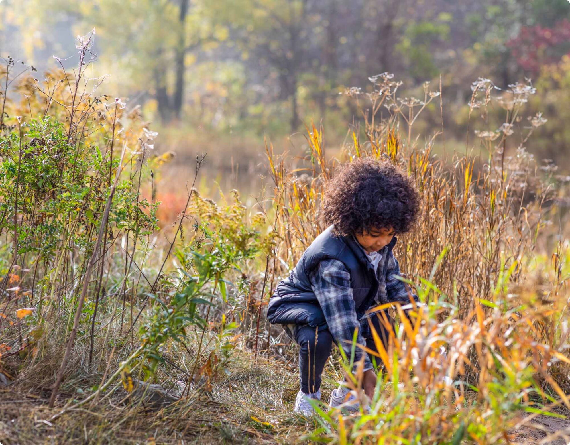 A child bending over and playing in long grass near a trail.