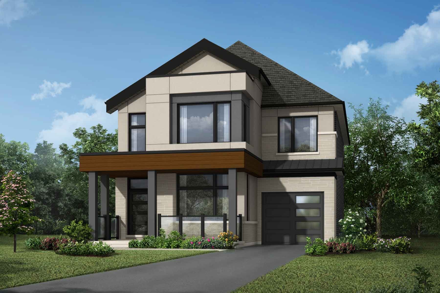 A Contemporary style detached home with a single car garage.