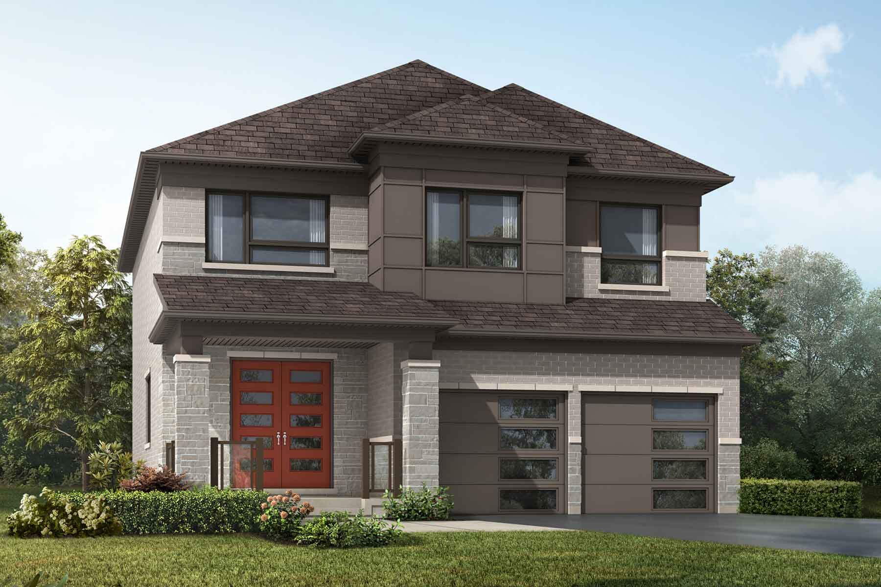 A detached Modern style home with a double car garage.