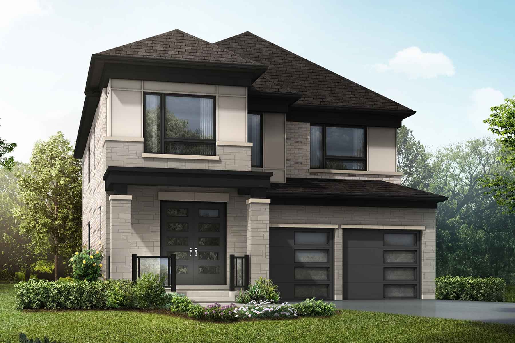 A detached Modern style home with a double car garage.