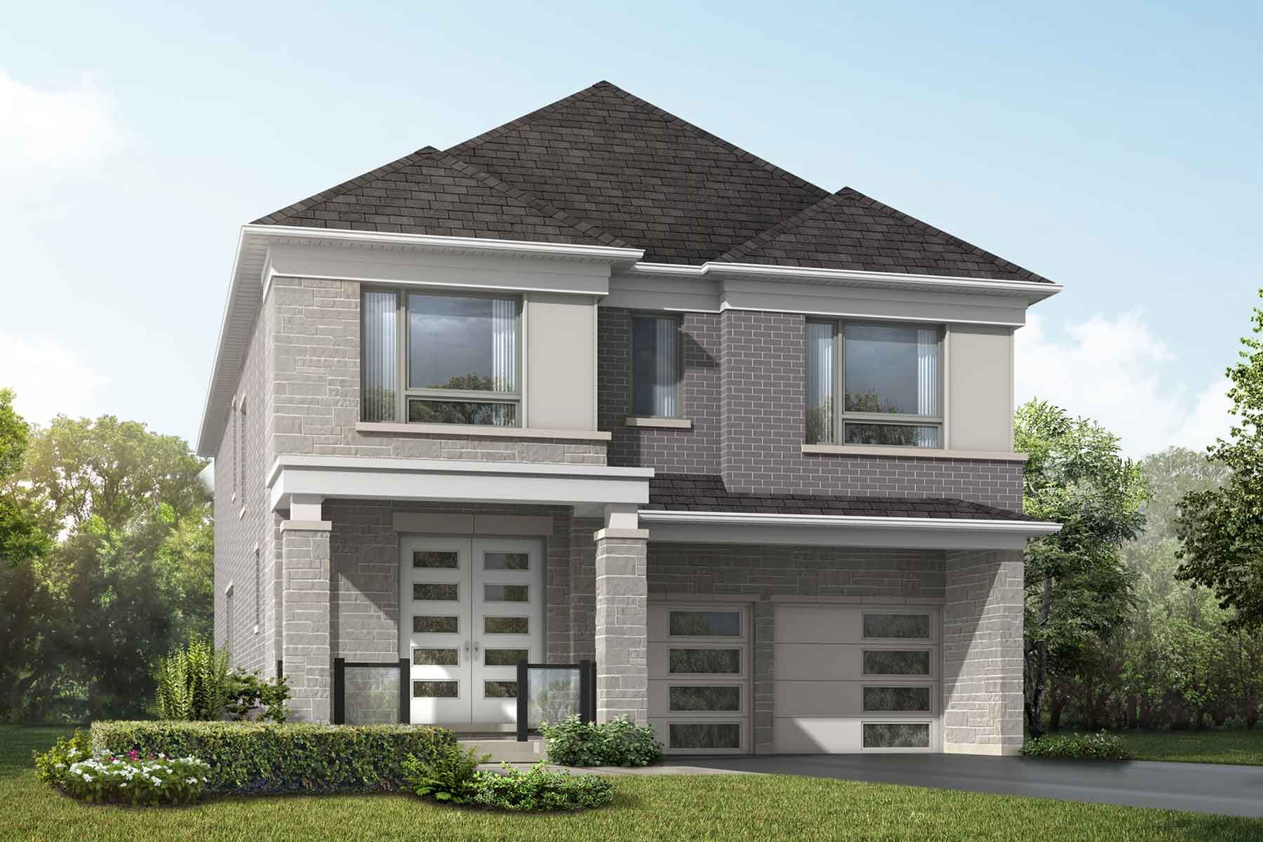 A detached Modern style home with a double car garage.