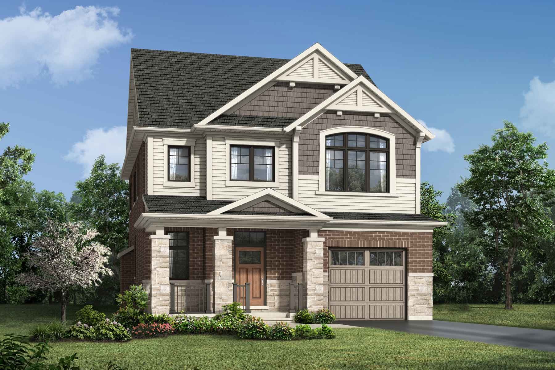 A craftsman elevation style with three front windows and a single car garage. 