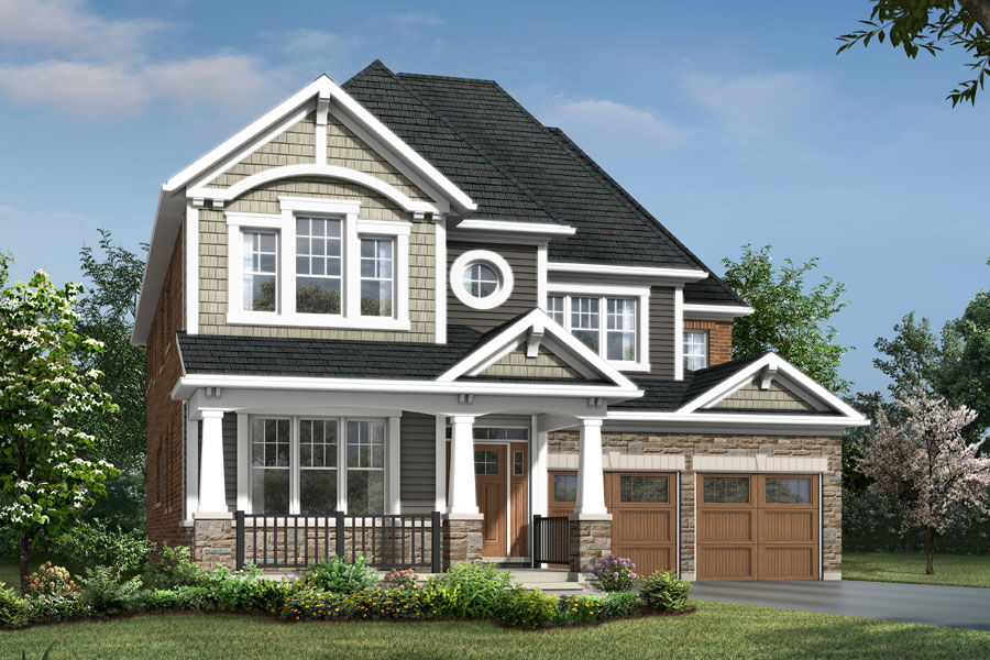 Craftsman elevation style with two car garage, white porch pillars and large windows on the front. 