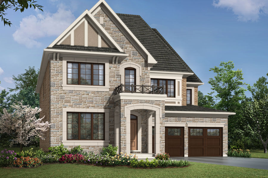 An English manor style elevation with double car garage and covered front door with a balcony. 