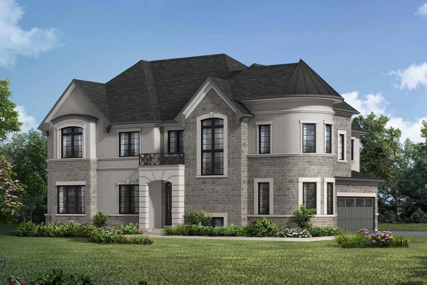 A French Chateau elevation style with a side main entrance, rounded front section and double car garage. 