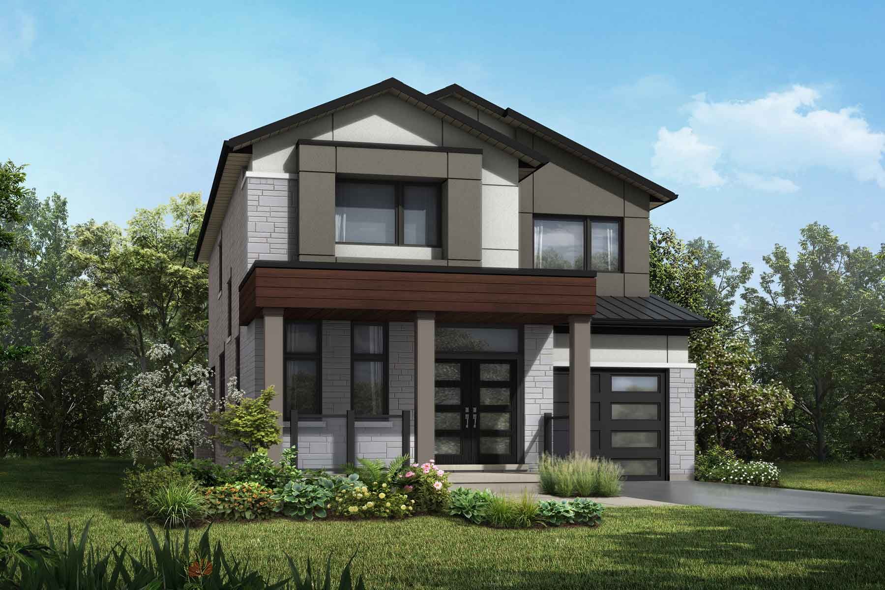 A contemporary style elevation with single car garage, covered porch and light and dark brick and stucco. 