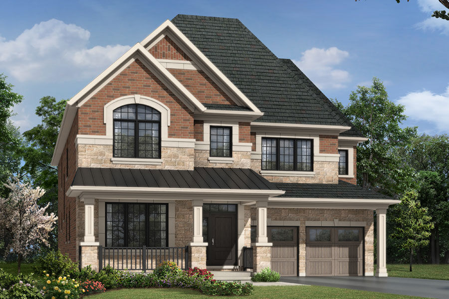 A Traditional elevation style with double car garage and covered porch. 