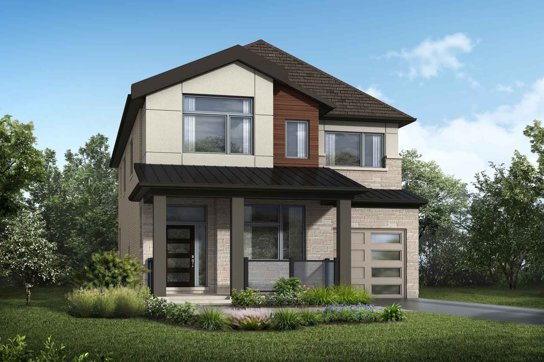 A Contemporary style elevation with a single car garage with windows and covered entrance. 