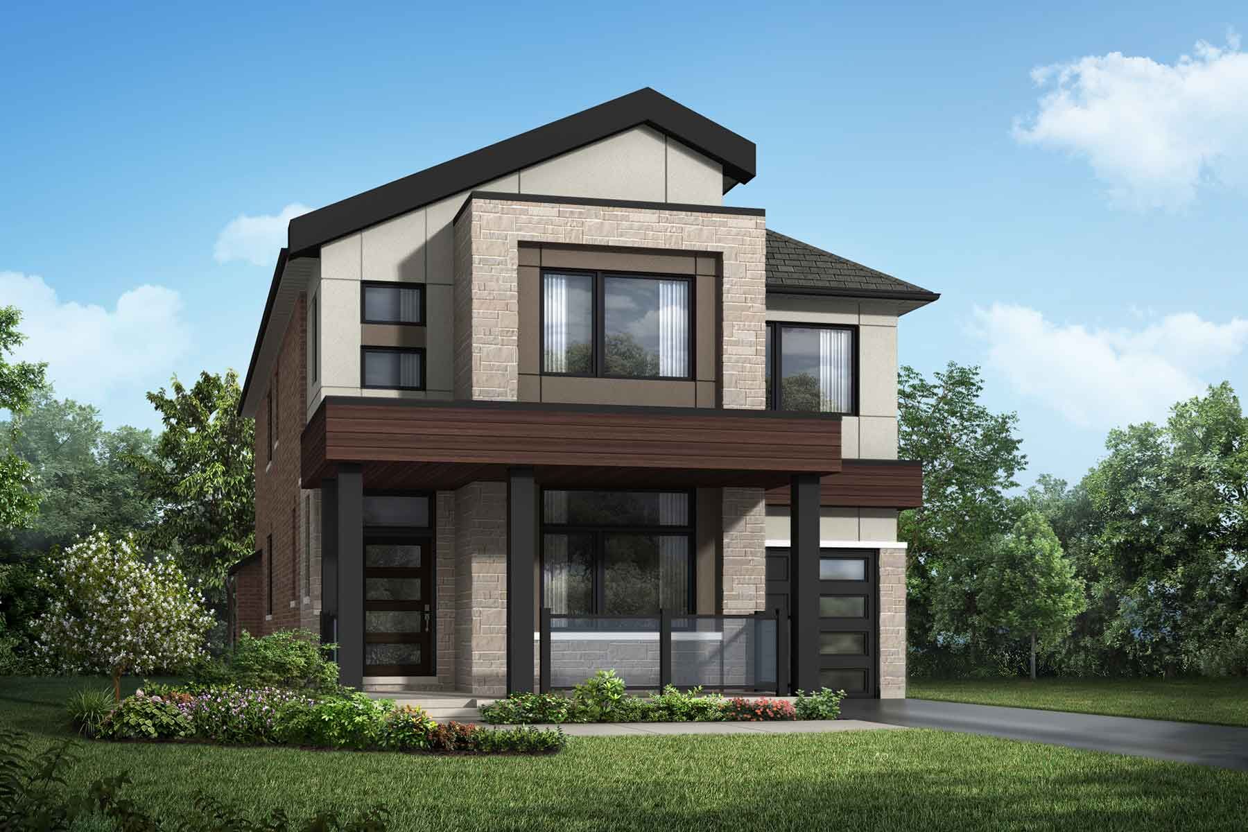 A contemporary elevation style with a single car garage and covered porch and entrance area.