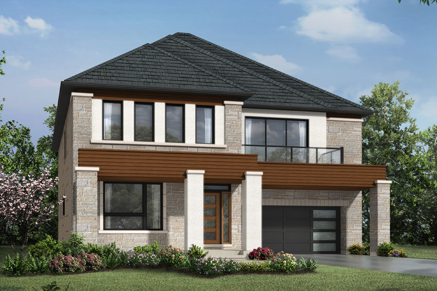 A contemporary elevation style with a single car garage with horizontal windows.