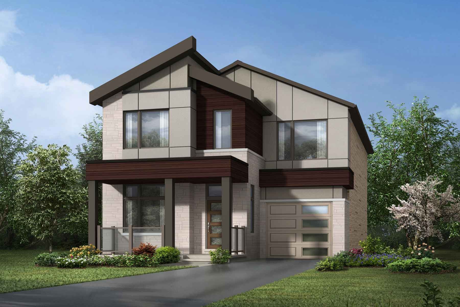 A contemporary style elevation with a single car garage and a slanted roof top.