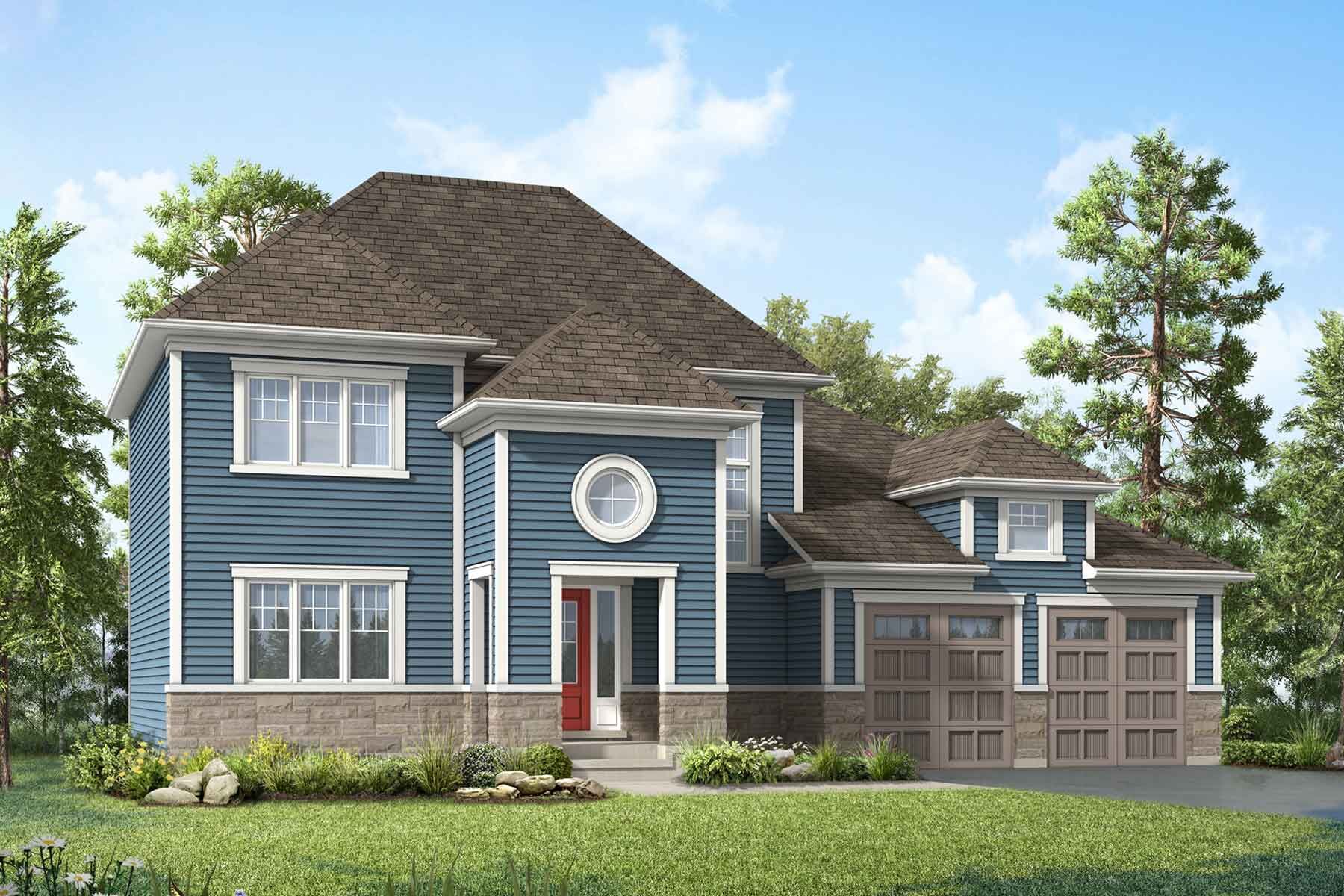 A coastal style elevation with double car garage and blue siding. 