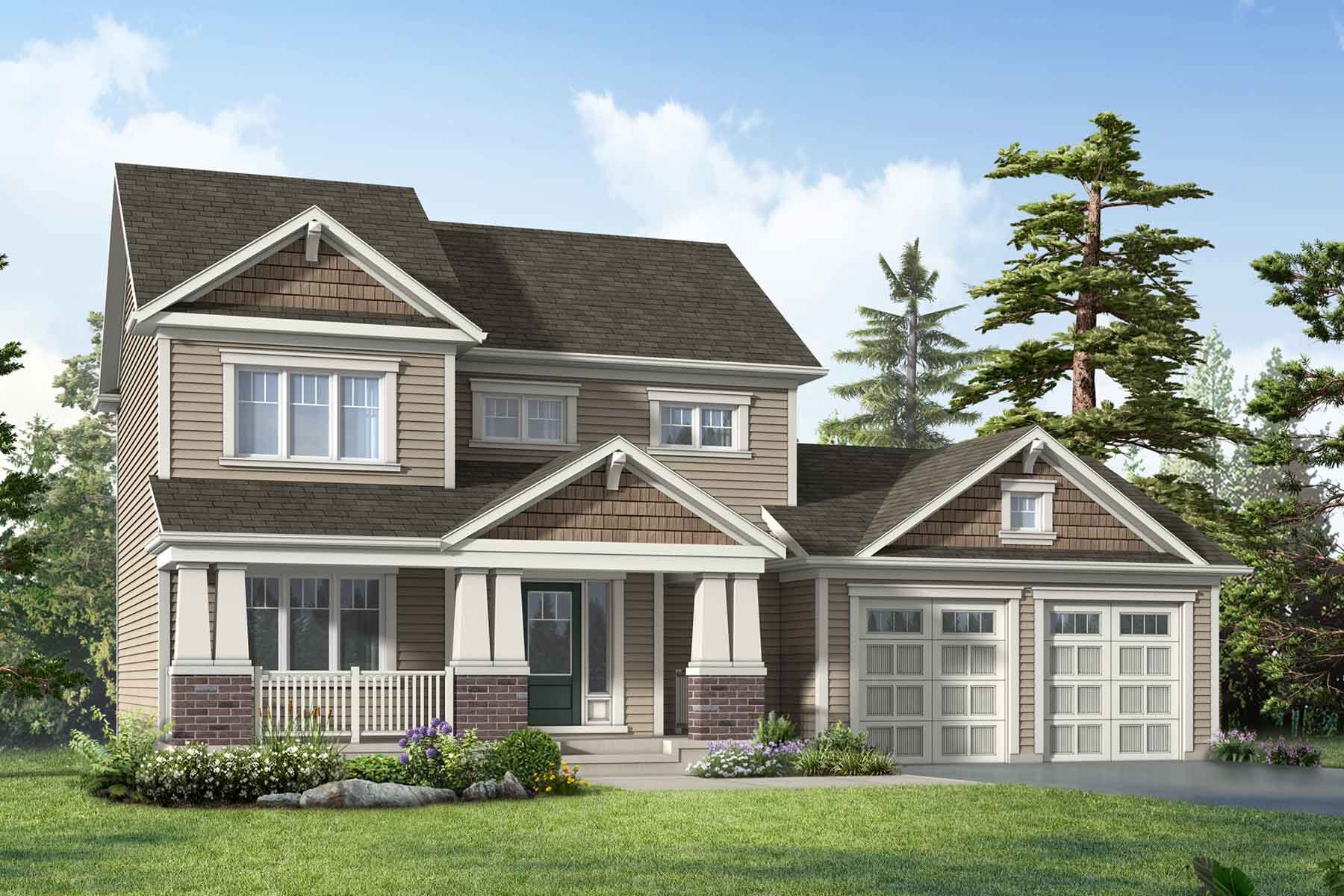 A craftsman style elevation with a double car garage and a covered porch area.