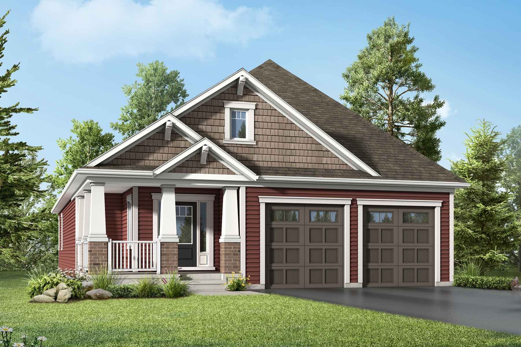 A craftsman style elevation with double car garage and a covered porch with pillars.