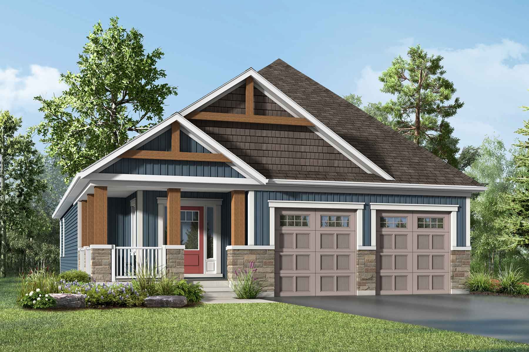 A muskoka style elevation with double car garage and brown and blue siding. 