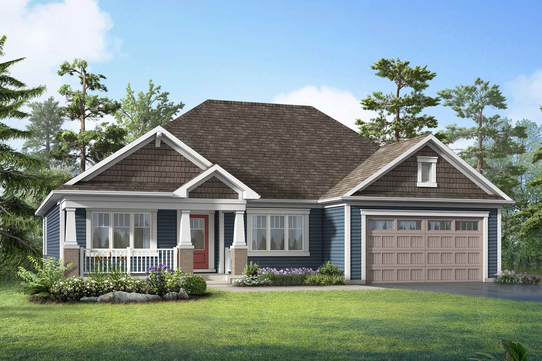 A craftsman style elevation with a double car garage and blue siding. 