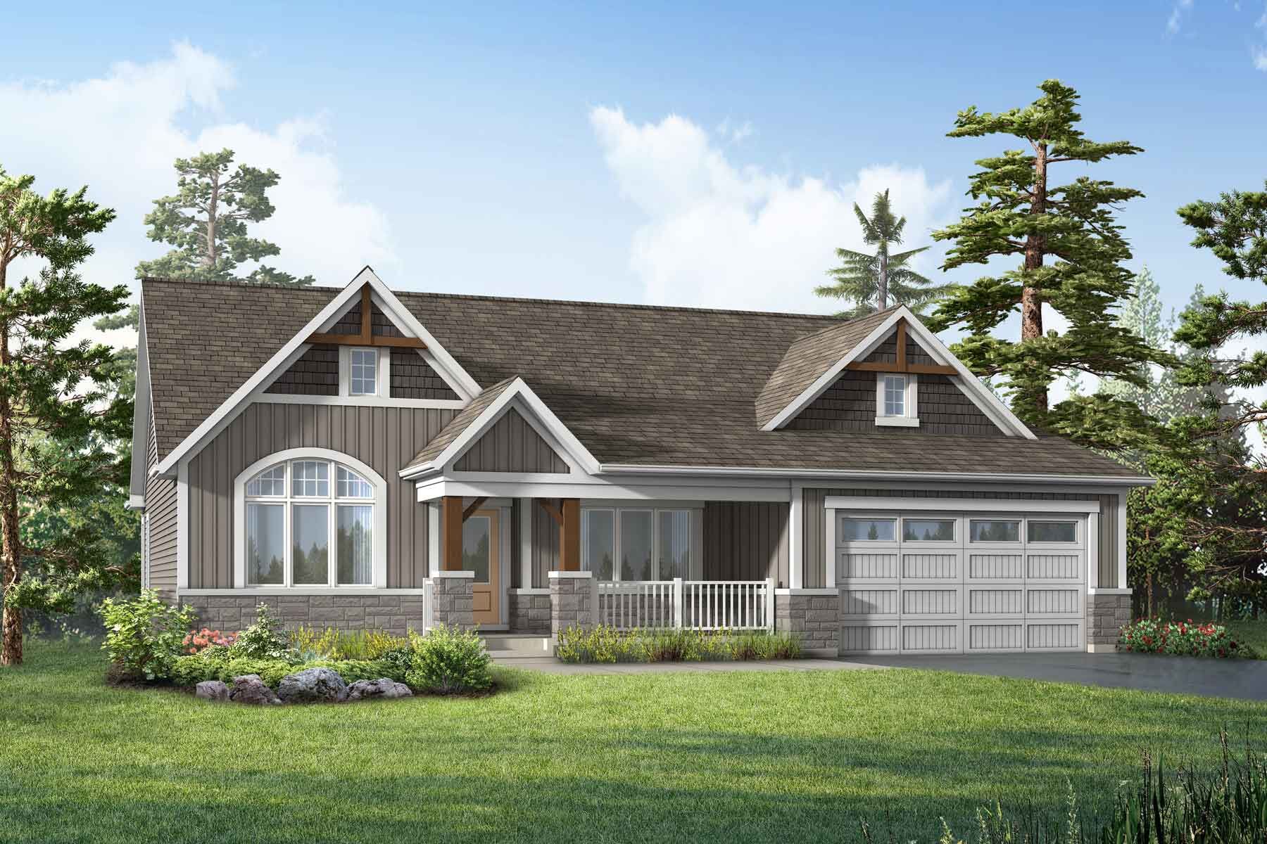 A muskoka style elevation with a double car garage and light brown siding. 