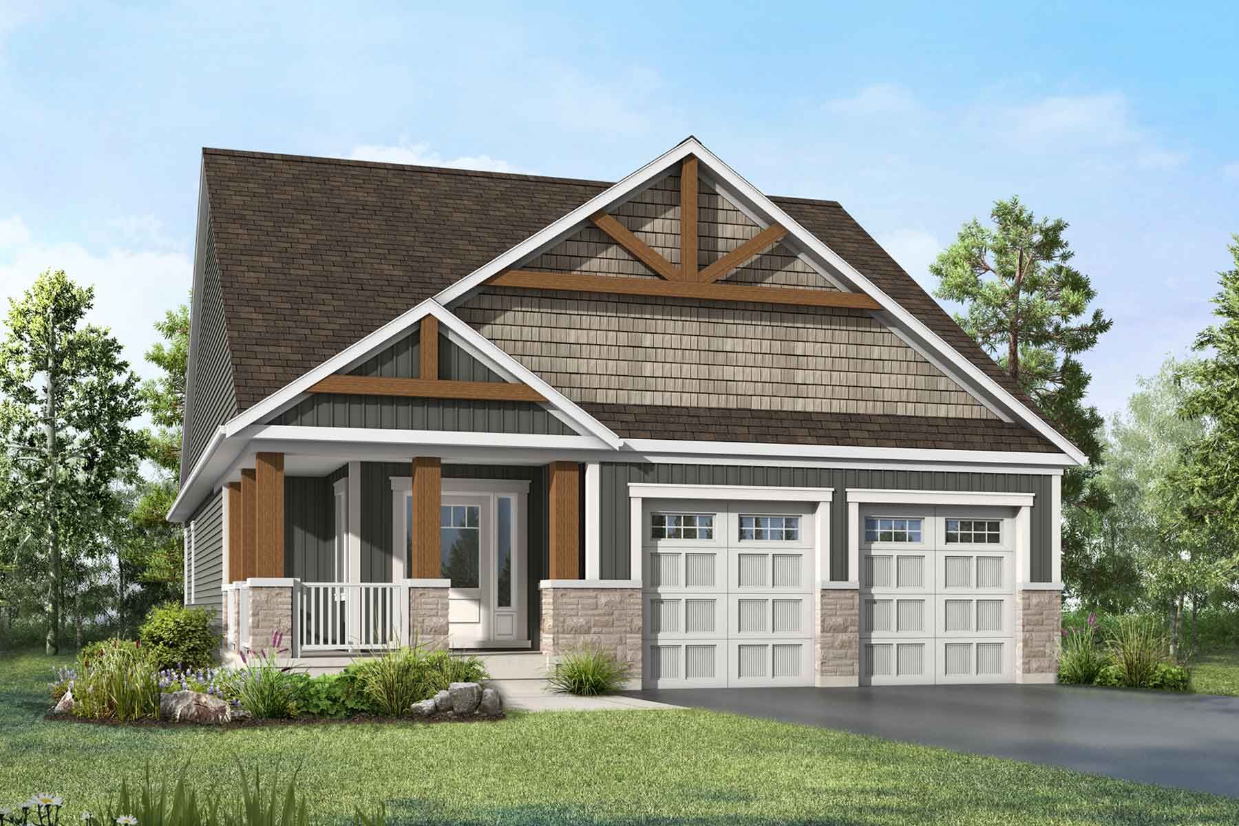 A Muskoka style elevation with double car garage and covered entrance with brown siding. 