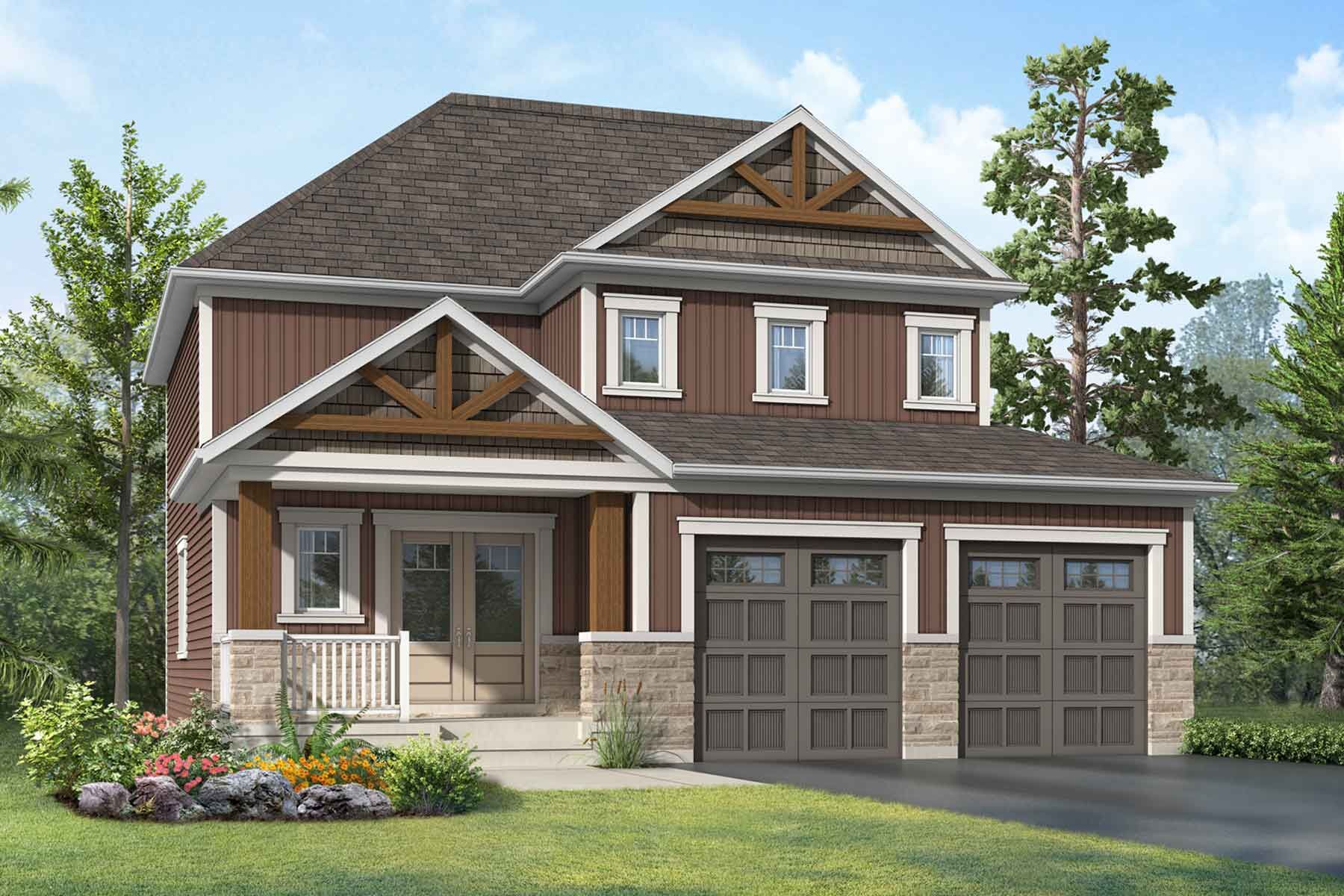 A Muskoka style elevation with double car garage, covered entrance and red siding. 