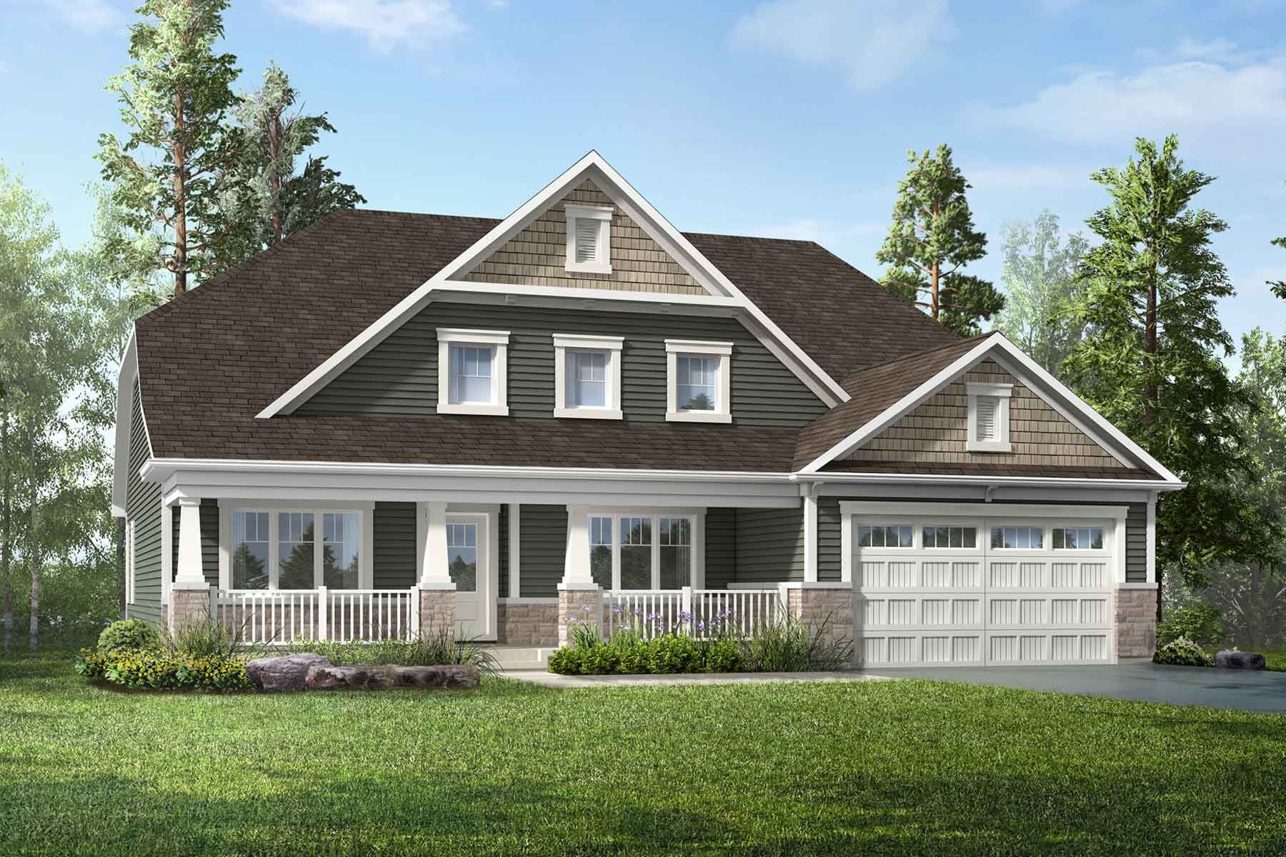 A craftsman elevation with a double car garage and a long, covered porch with pillars. 