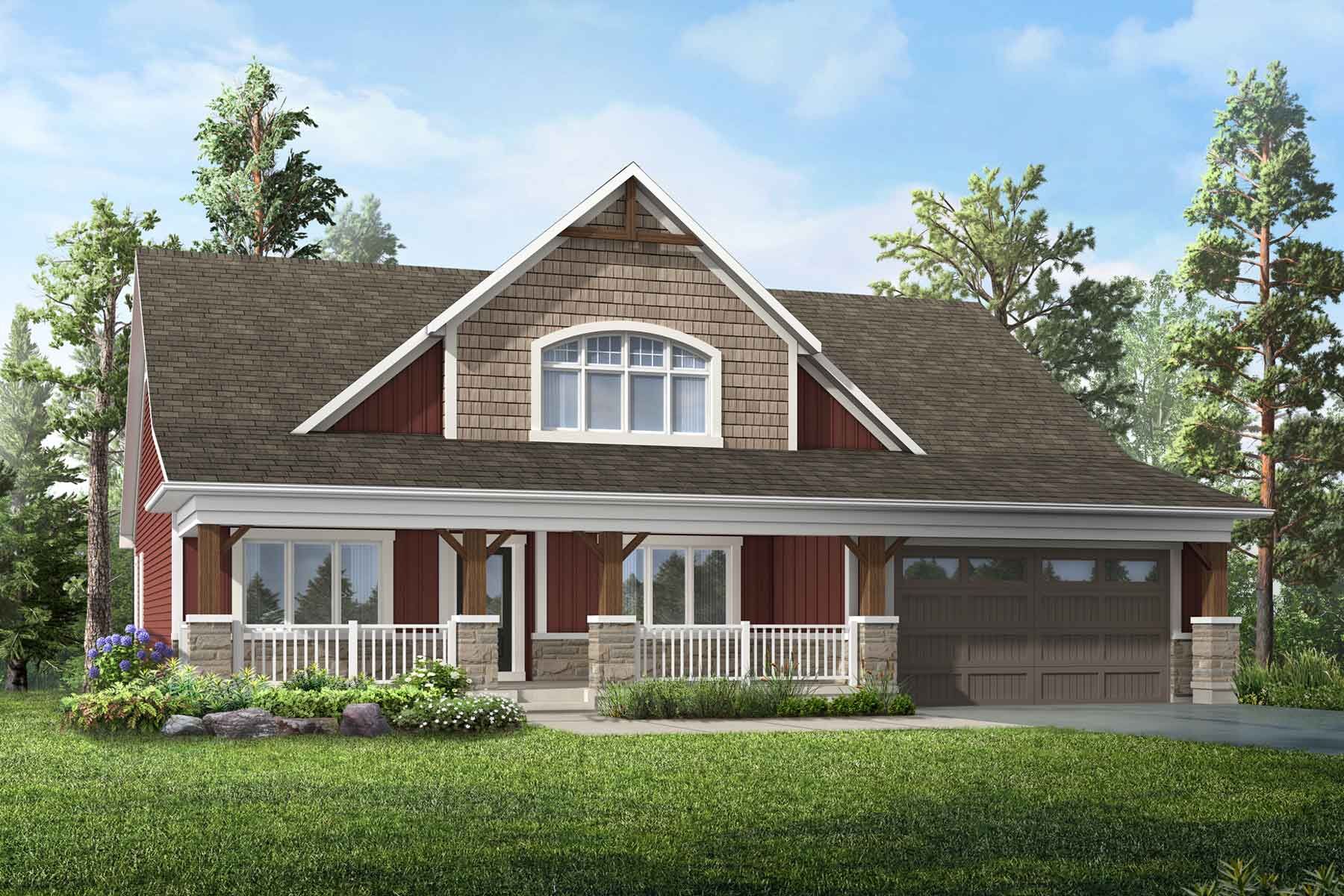 A Muskoka style elevation with a double car garage and a covered porch with red siding. 