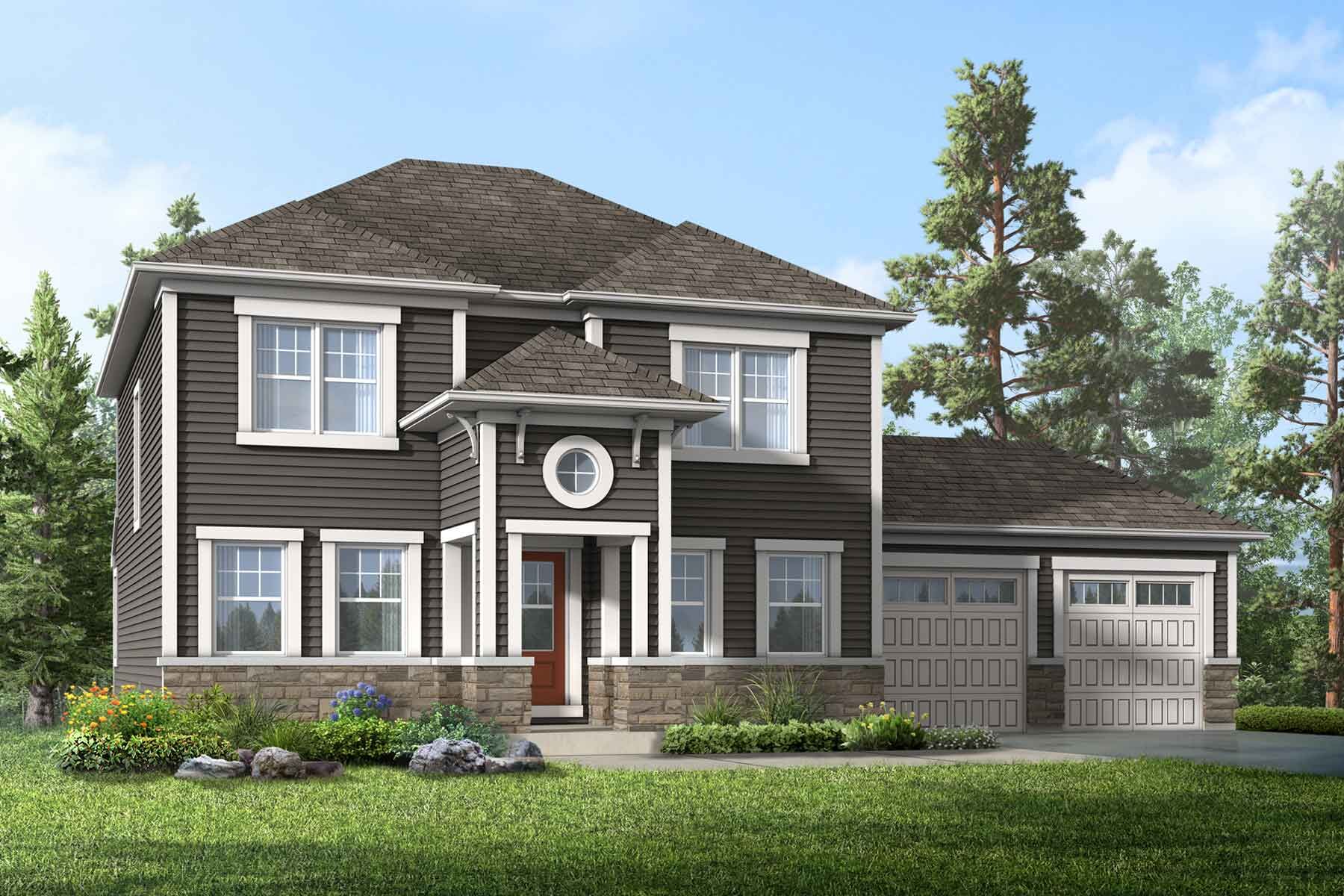 A Costal style elevation with double car garage and a covered porch with a circle window above it. 
