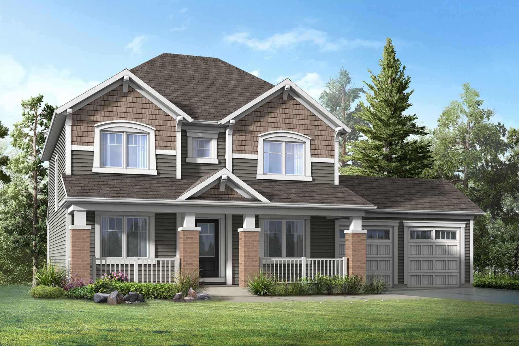 A craftsman style elevation with a double car garage and a long, covered porch. 