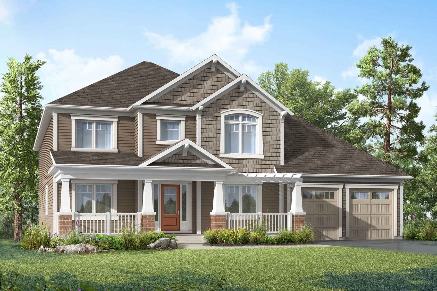 A Craftsman style elevation with double car garage and a covered, long porch. 