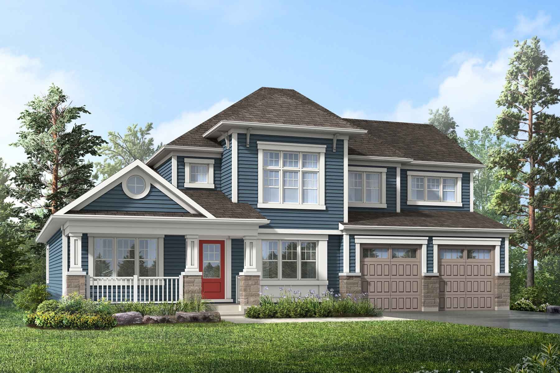 A coastal style elevation with a double car garage and a blue siding with a red front door. 