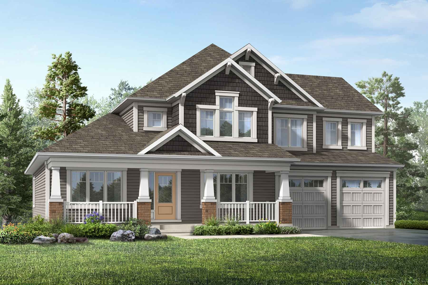 A craftsman style elevation with double car garage and a log porch with brown siding. 