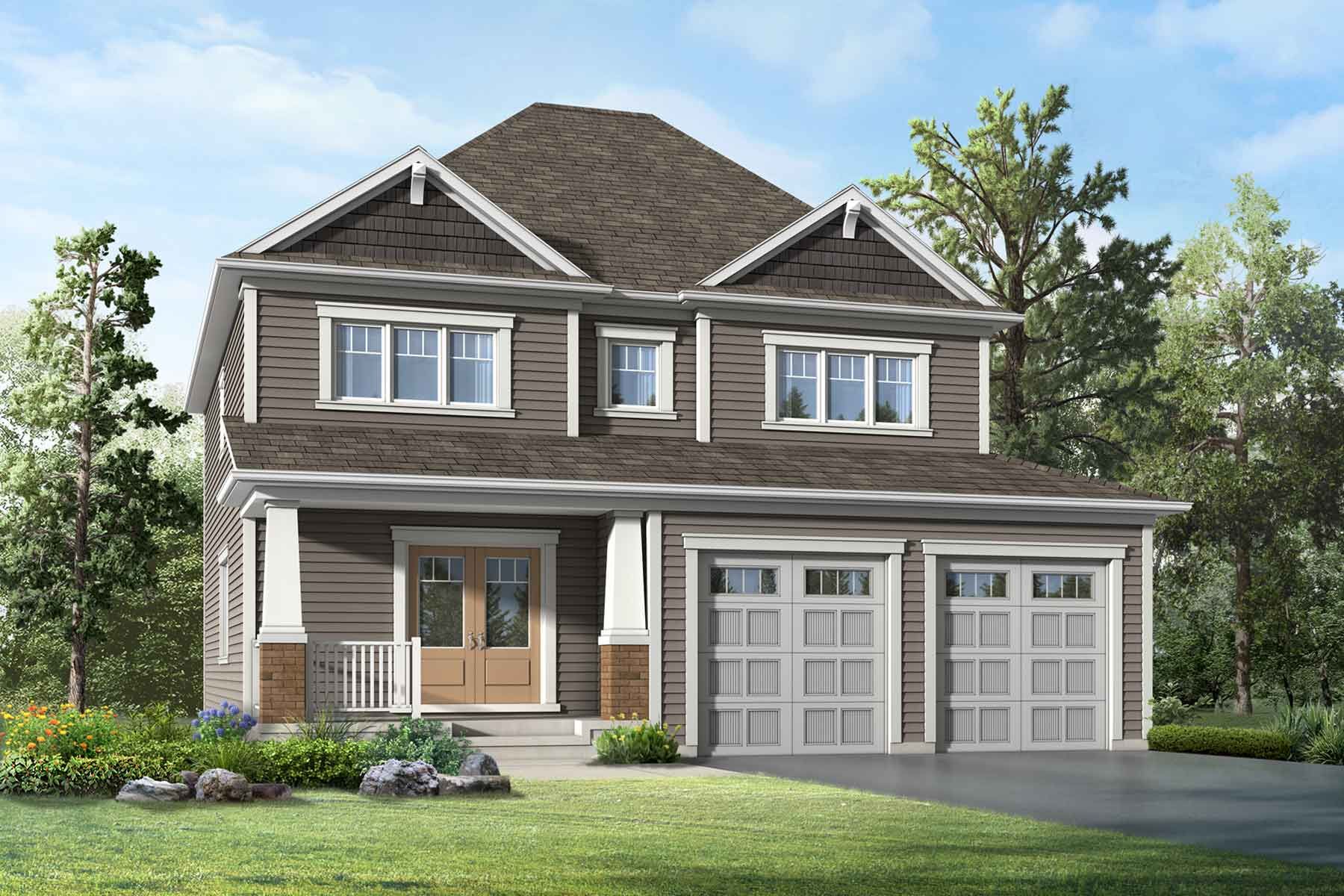 A Craftsman style elevation with double car garage and brown siding.