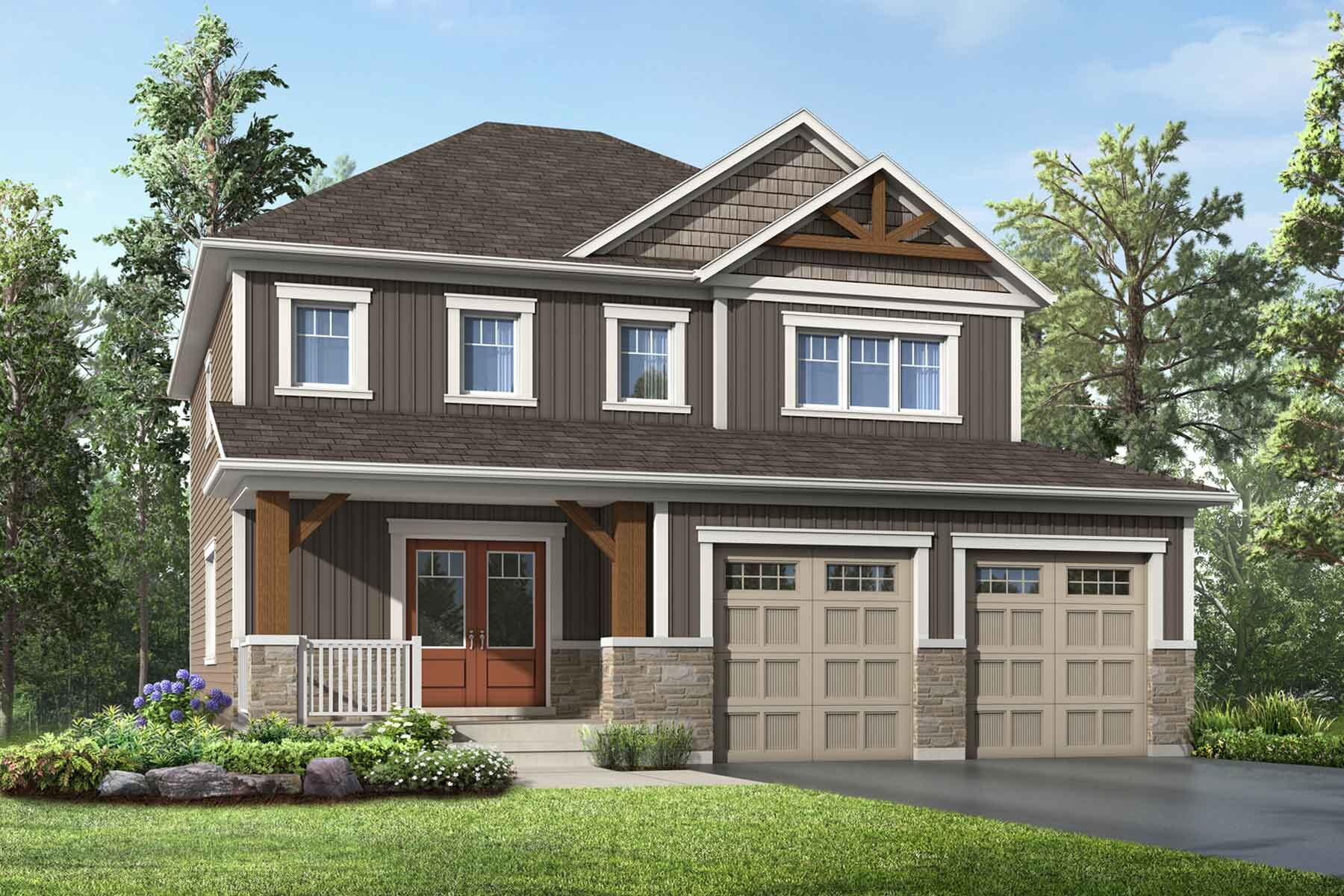 A Muskoka style elevation with double car garage, covered entrance and brown siding with a red door. 