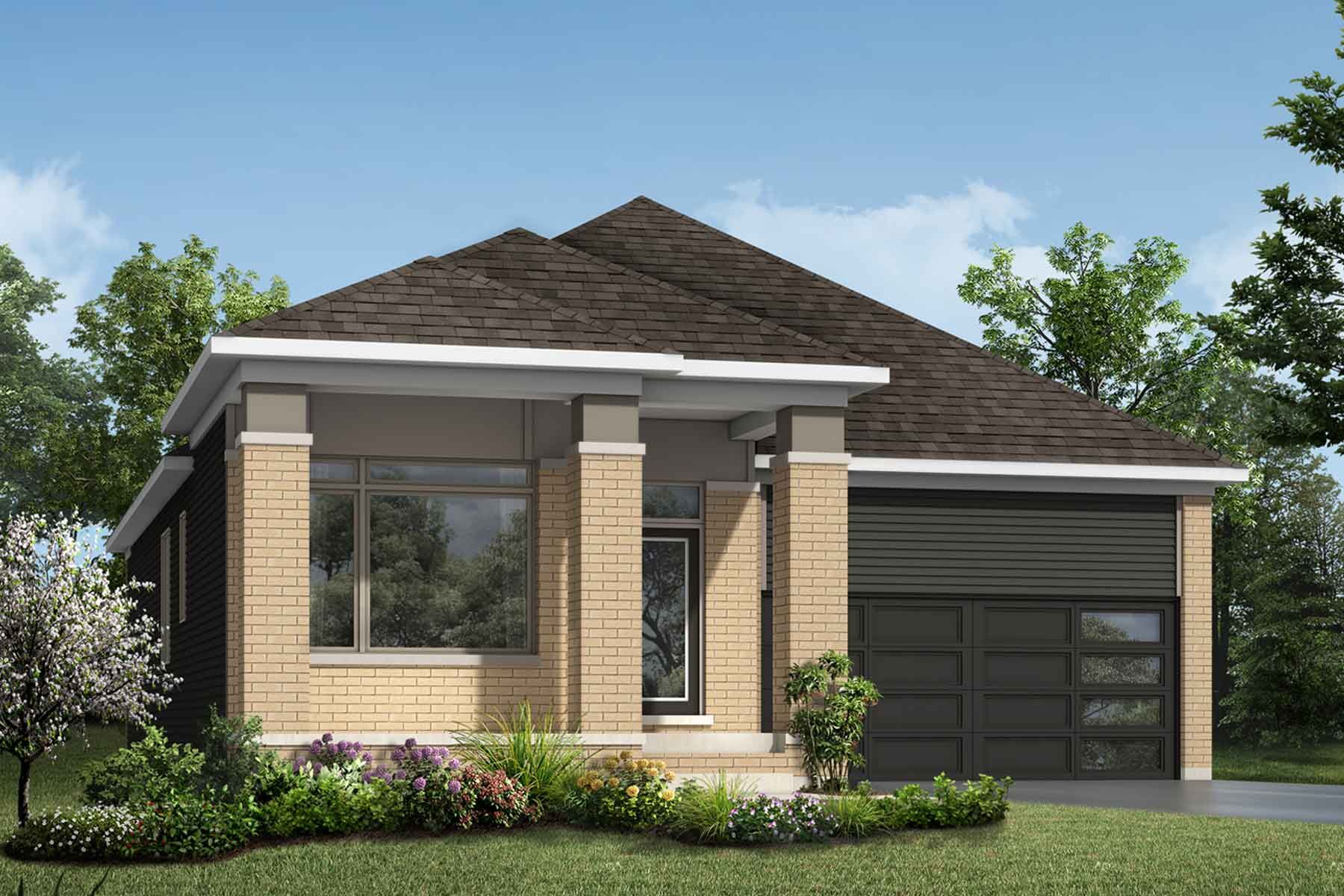 A Transitional style detached home with a double car garage.