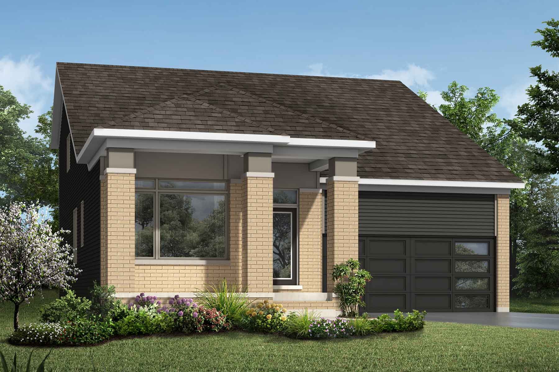A Transitional style detached home with a double car garage.