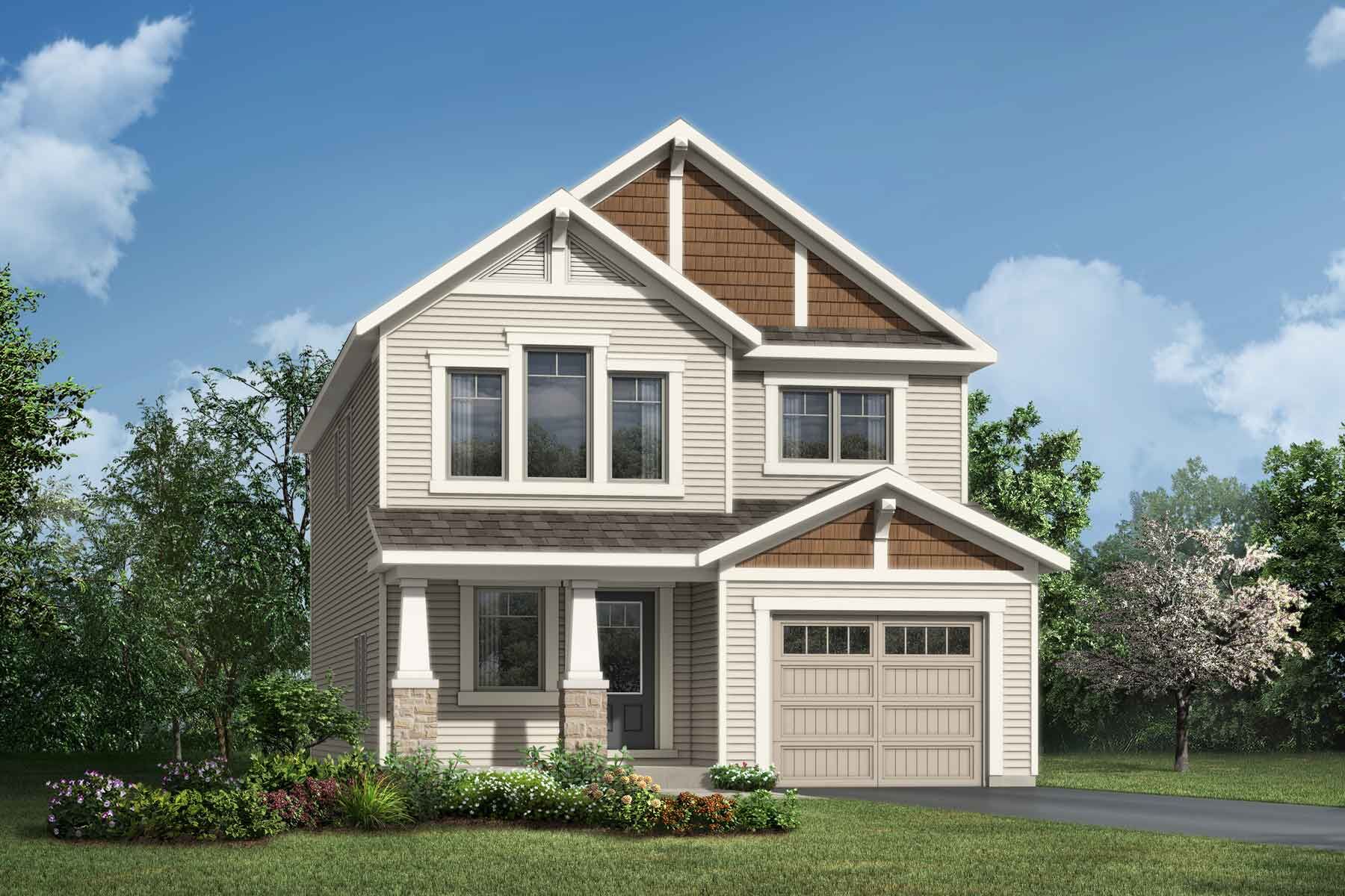 A Craftsman style detached home with a single car garage.