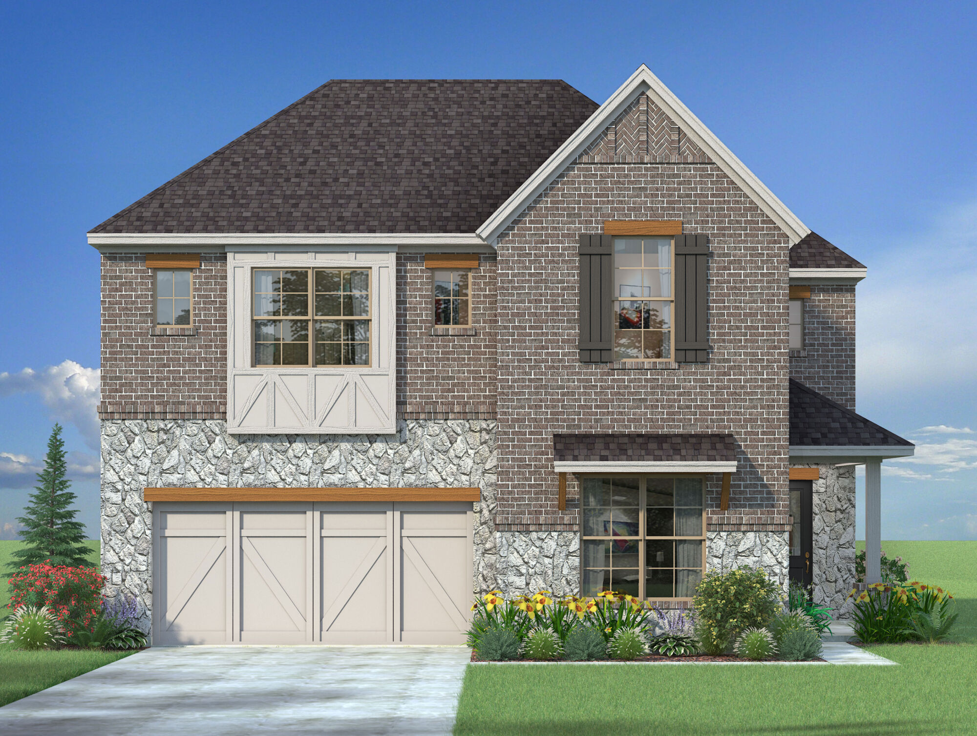 Elevation Front with window, garage, exterior brick and exterior stone