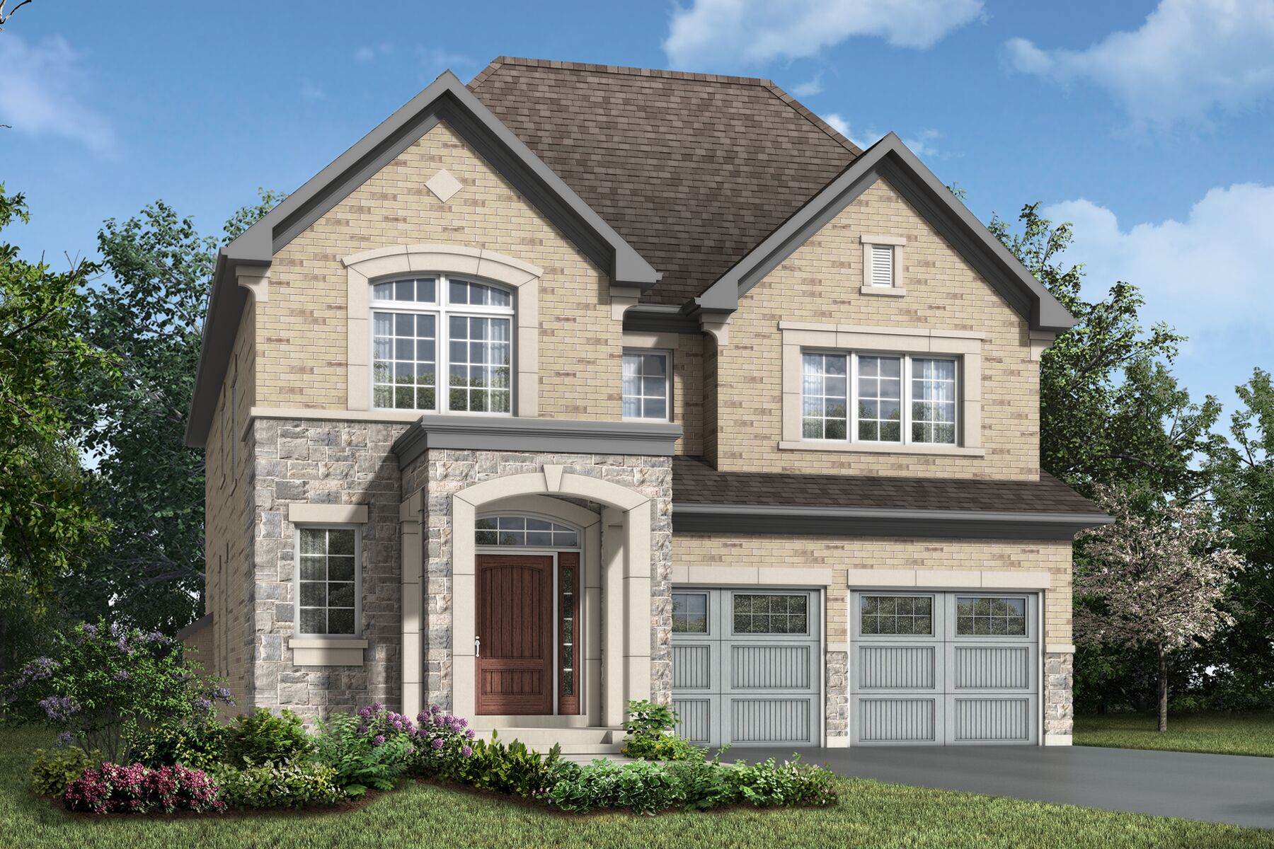  Elevation Front with garage, door, window, exterior stone and exterior brick