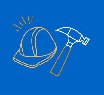 Hard hat and hammer drawings on blue background