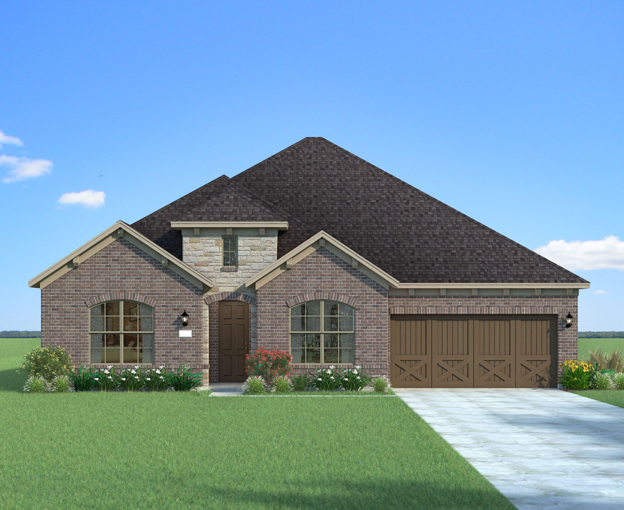  Elevation Front with garage, window, door and exterior brick