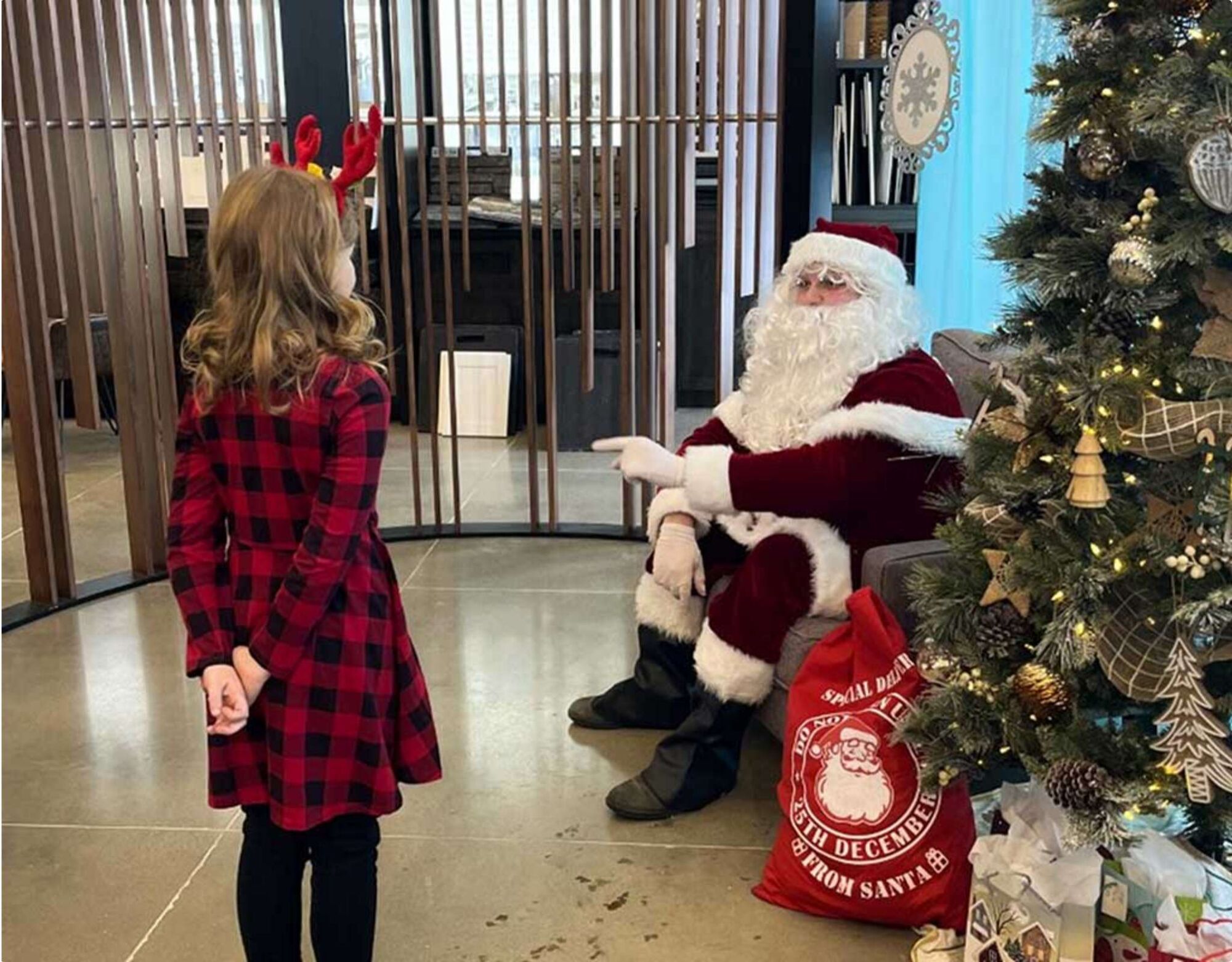 A child talking to Santa in front of a Christmas tree.